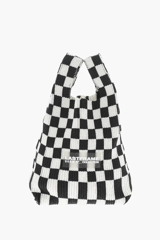 Last Frame Knitted Checked Mini Tote Bag With Faux Leather Shoulder Str