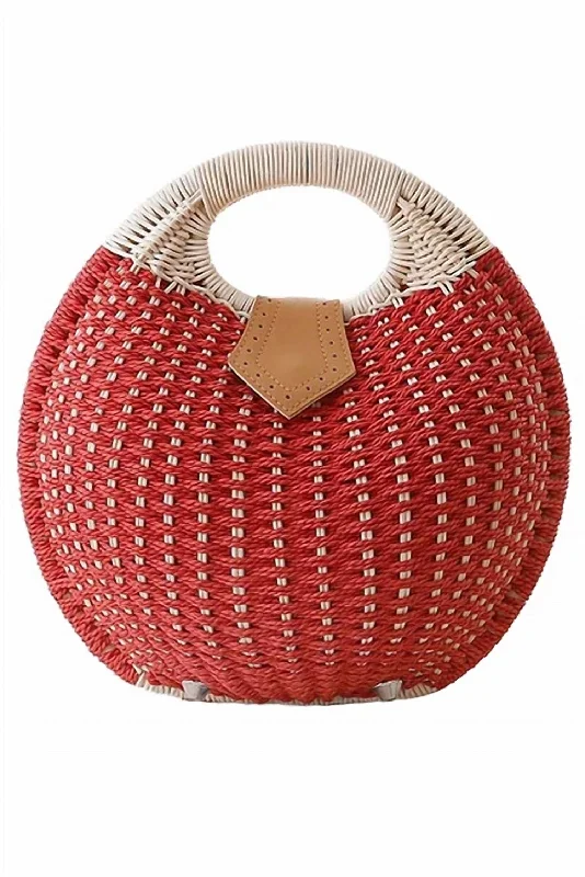 Women's Crochet Rattan Circle Beach Bag In Red