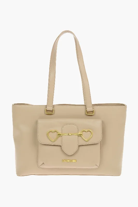 Moschino Love Faux Leather Maxi Front Pocket Tote Bag With Heart Clam