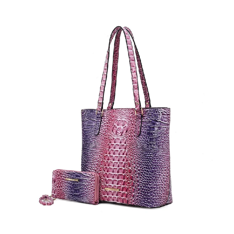 Piper Gradient Rainbow Faux Crocodile-Embossed Vegan Leather Women’s Tote Bag with Matching Wallet by Mia K