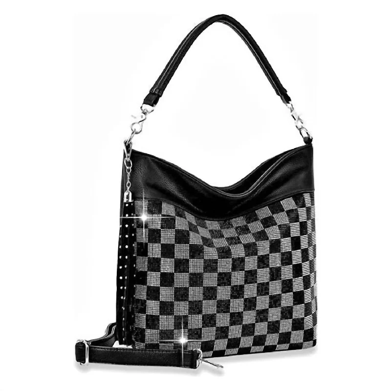 Women's Rhinestone Checkered Boho Handbag In Black/clear