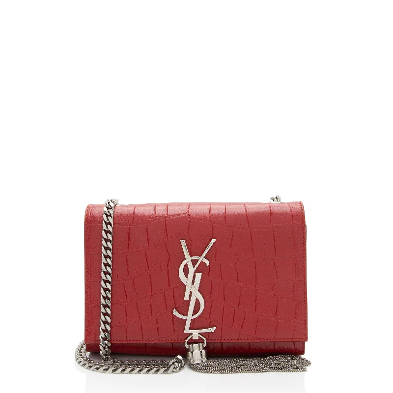 Saint Laurent Croc Embossed Leather Monogram Kate Tassel Mini Shoulder Bag