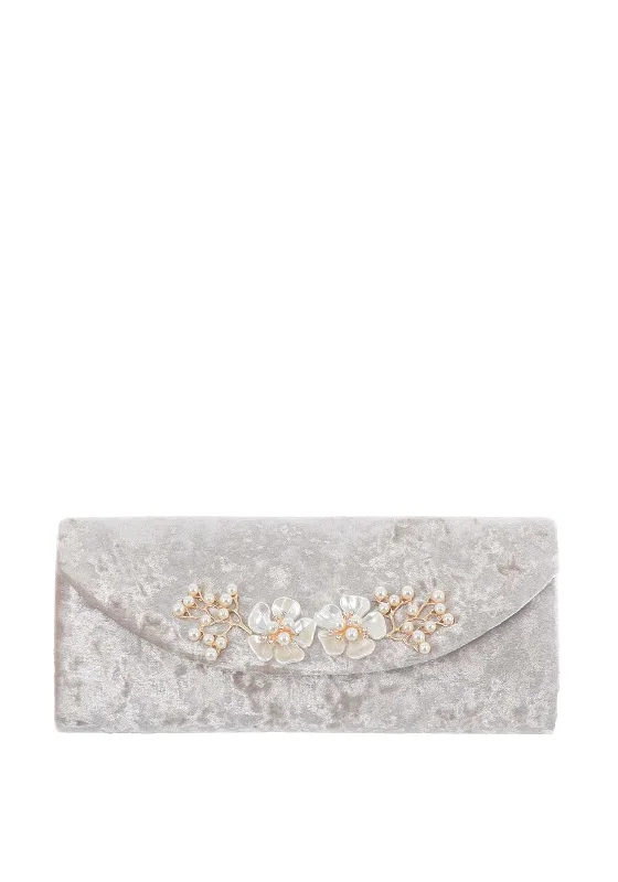 Lunar Velvet Pearl Flower Clutch Bag, Grey