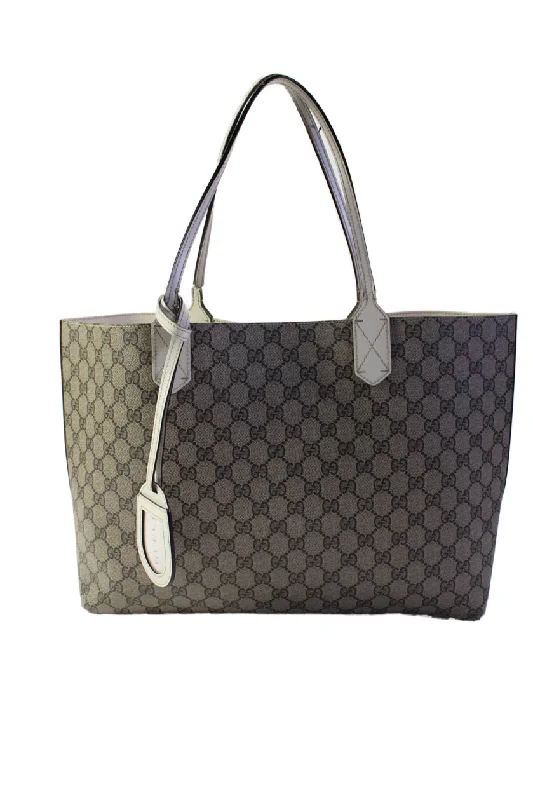 Gucci Womens Monogram Supreme  Canvas Leather Trim Tote Bag Brown