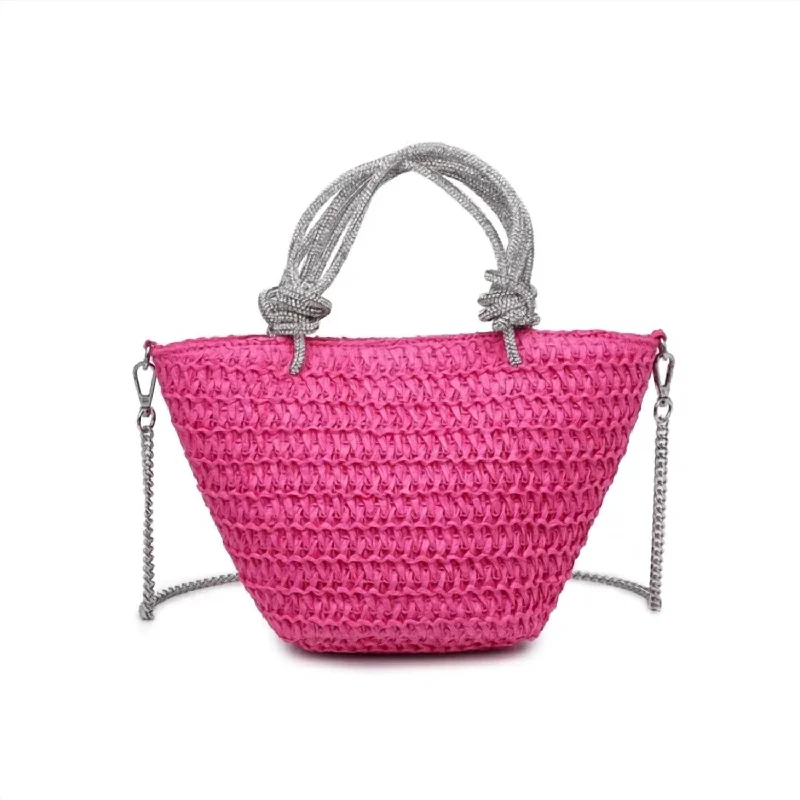 Women's Rhinestone Handle Straw Mini Tote Bag In Pink