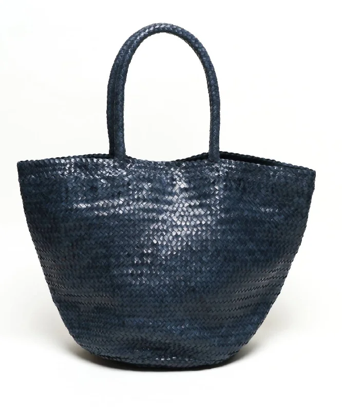 South Beach Woven Leather Tote Bag In Navy