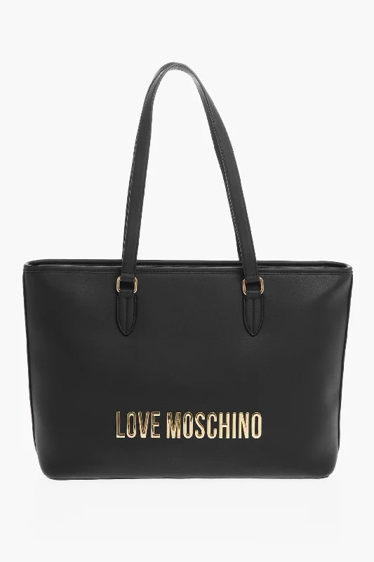 Moschino Love Faux Leather Tote Bag With Golden Embossed Maxi Logo