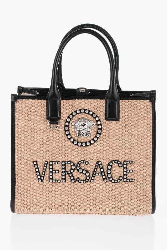 Versace Rafia Logoed Tote Bag With Leather Trims