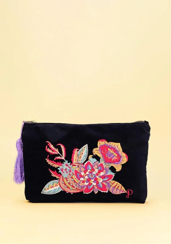 Powder Floral Fantasy Velvet Zip Pouch, Navy