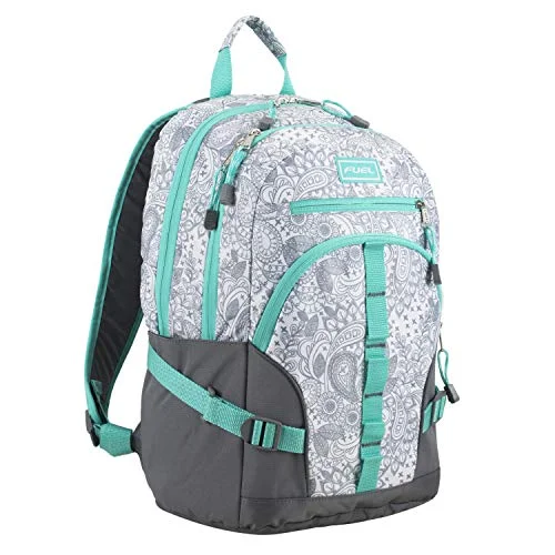 Fuel Dynamo Multipocket Active Backpack with Front Webbing Molle Loops, Ash Gray/Henna Paisley Print/Turquoise Trim