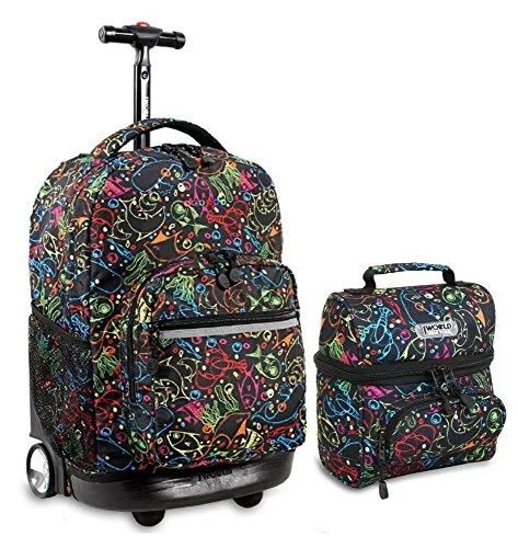 J World Combo Rolling Backpack & Lunch Bag Back to School Bundle Set Sunrise / Corey, Doodle