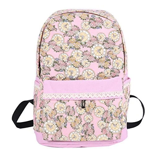 Damara Womens Floral Print Lace Spliced School Bacapack,Pink