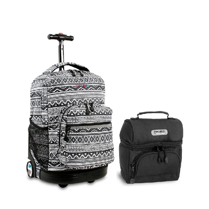 J World Combo Rolling Backpack & Lunch Bag Back to School Bundle Set Sunrise/Corey (Tribal and Black)