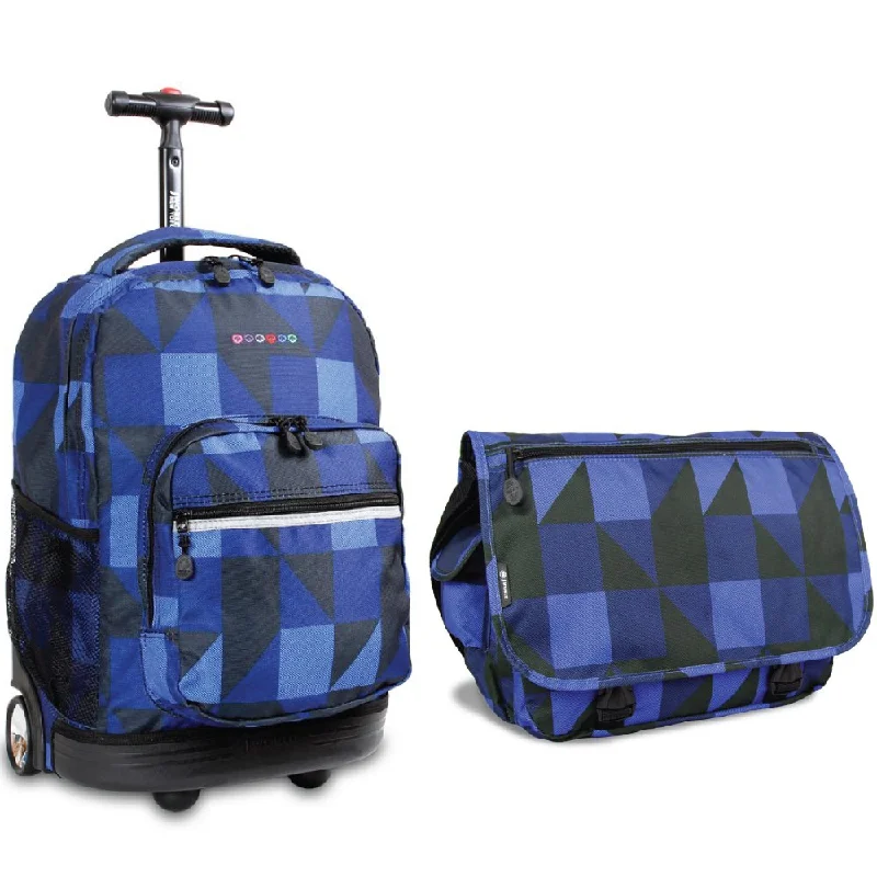 J World New York Sunrise Rolling Backpack & Terry Messenger Bag Set (Block Navy)