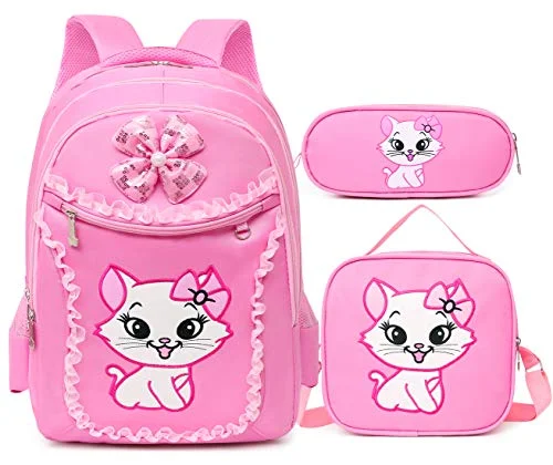 Debbieicy Cute Cat Printing Lace Backpack Lightweight Princess School Bag Kids Bookbag Handbag Pen Bag Set for Primary Girls (Large, Pink1(Backpack Handbag Pen Bag))