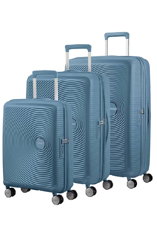 American Tourister Soundbox 3 Piece Luggage Set- Expandable | Stone Blue