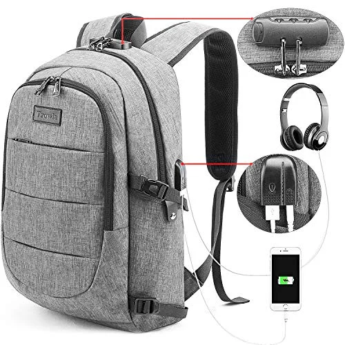 Tzowla Travel Laptop Backpack,Slim Durable Water Resistant Anti-Theft Bag with USB Charging/Headphone Port and Lock 15.6 Inch Computer Business Gift for Women Men College School Bookbag-Grey