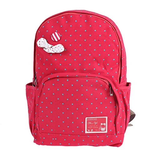 Damara Students Bowknot Aornt Canvas Polka Dot Zipper School Bag,Red