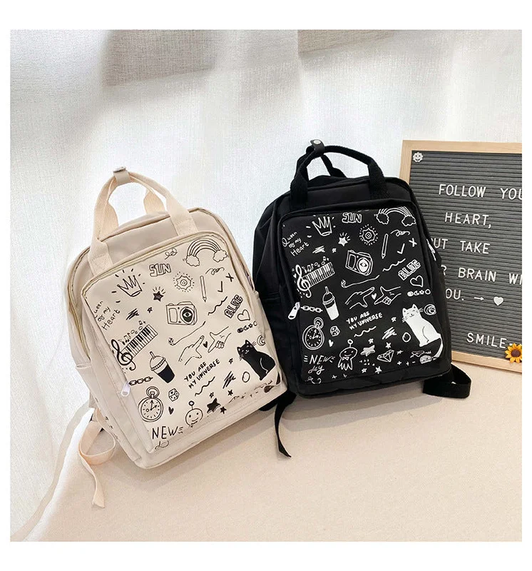 2021 new simple doodle book bag high school college students trend shoulder bag Oxford spun large capacity men and women backpack