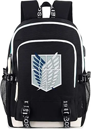 Roffatide Anime Attack on Titan Backpack Survey Corps Wings of Freedom Printed College Bag Laptop Backpack with USB Charging Port & Headphone Port