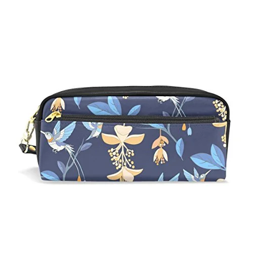 Colourlife Blue Tropical Jungle Flowers Hummingbird Pu Leather Pencil Case Holder Pouch Makeup Bags