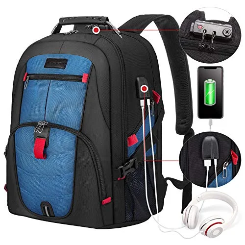 Travel Laptop Backpack Waterproof Anti Theft Backpack with Lock and USB Charging Port Large 17-17.3 Inch Computer Business Backpack for Men Women School College Backpack Blue